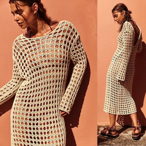 FREE PEOPLE Beach Sahara Sweater Midi Cover up DRESS Size S Cream Seed Pearl NEW - Picture 2 of 9
